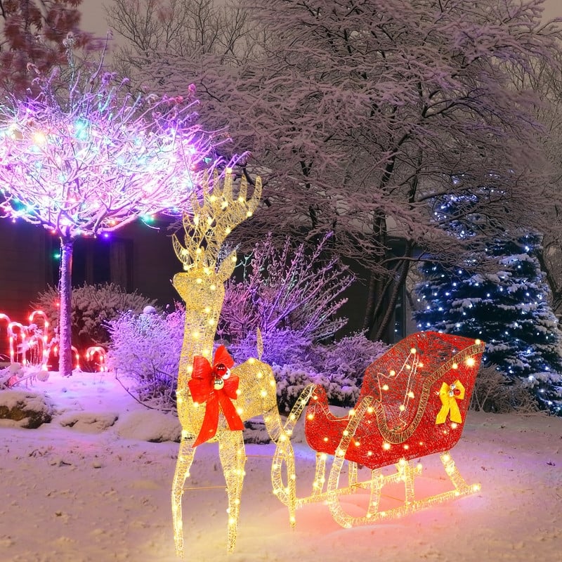 4ft Christmas Reindeer & Sleigh Outdoor Yard Decoration Set with LED Lights