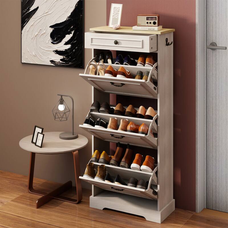48.22 in. H x 20.86 in. W Antique White Shoe Cabinet with 1 Drawer and 3 Flip Drawers