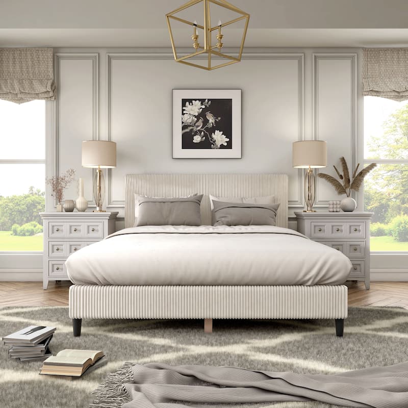 Furniture of America Modern Corduroy Queen Size Platform Bed, No Box Spring Needed - Ivory (Bed & Fabric Set)