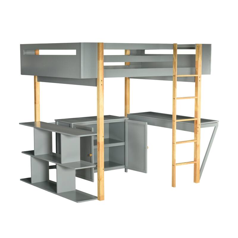 Solid Wood Loft Bed with Built-in Storage and Foldable Desk