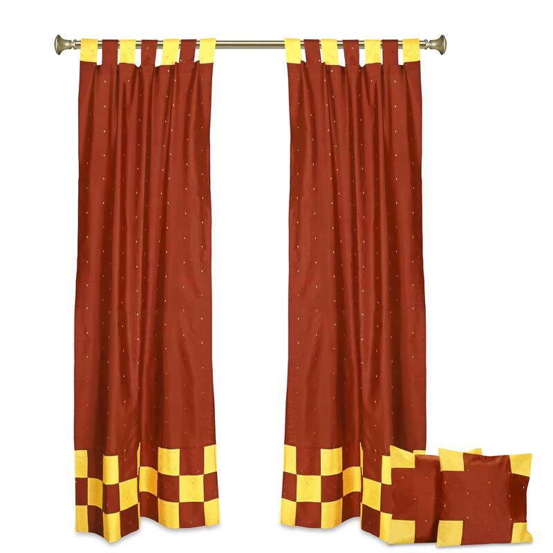 4 Pc Set Indian Sari Curtains & Cushion Covers Boho Tab Top Living Room Bedroom - Rust - 36" W X 84" L - 84 Inches