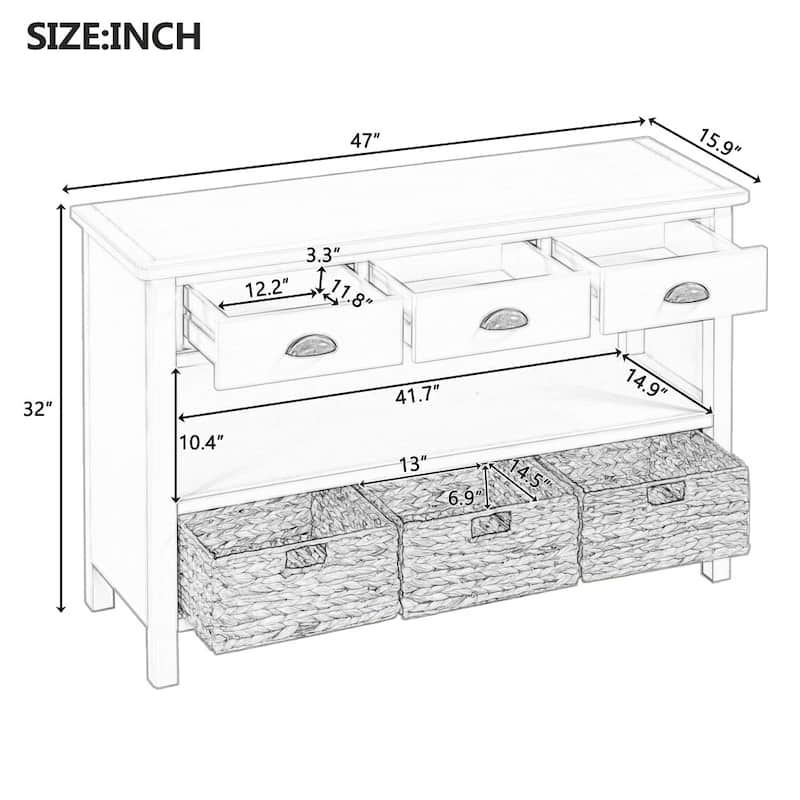 Retro Wooden Console Table with 3 Storage Drawers and Woven Baskets for Entryway