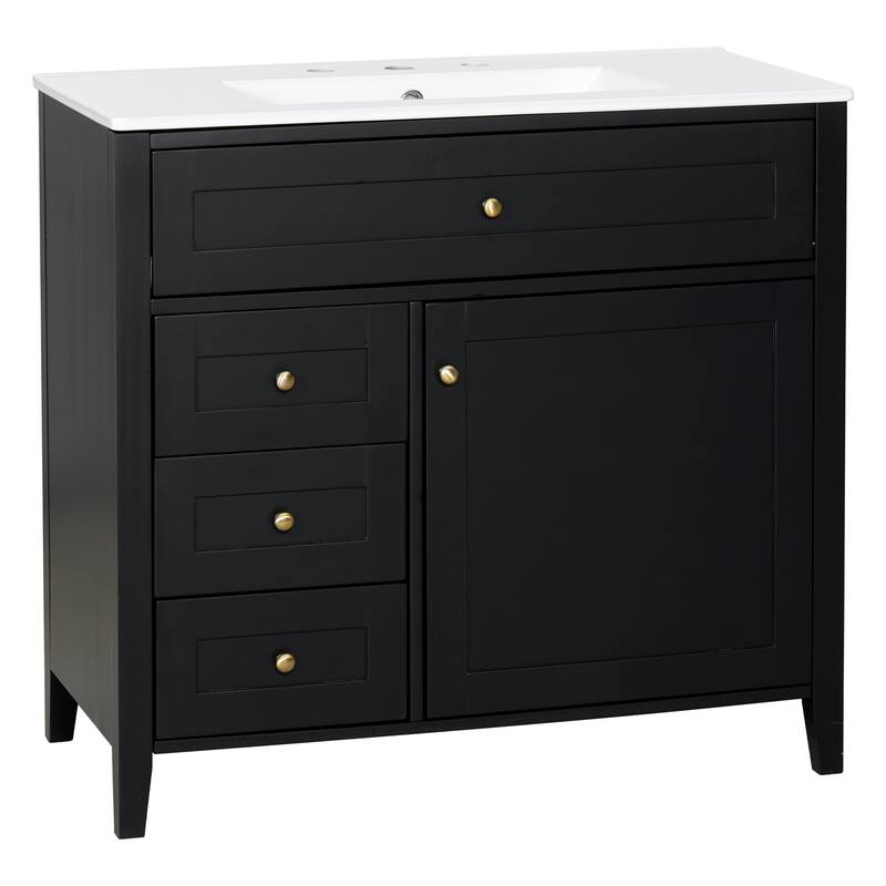 Roomfitters 36" Bathroom Vanity with Sink, Solid Wood Legs, 4 Drawers & Cabinet with Adjustable Shelf