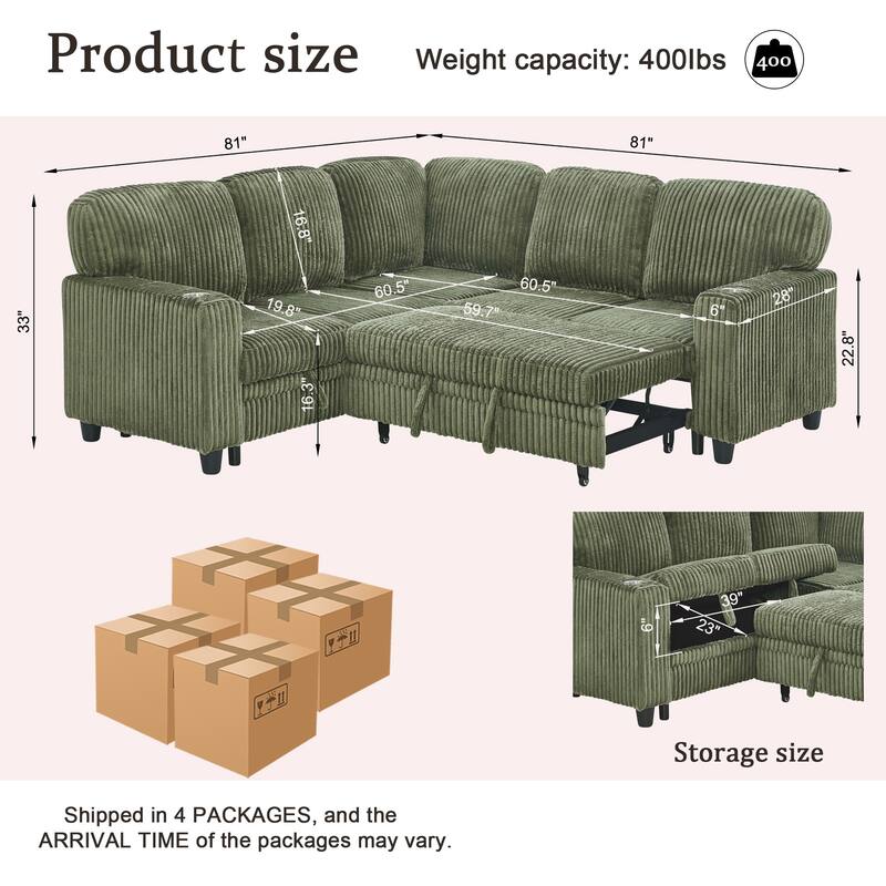 Corduroy Modular Sectional Sleeper Sofa with Pull-Out Bed & Storage, 2-in-1 Convertible Upholstered Sofa Bed with USB Port