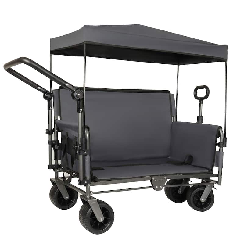 3-in-1 Folding Wagon Cart with Bench Seat & Canopy & Storage, 500lbs Heavy-Duty, 180L Capacity, All-Terrain Wagon