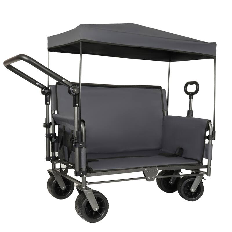3-in-1 Folding Wagon with Bench Seat & Canopy - 500lb Heavy-Duty All-Terrain Cart, Gray