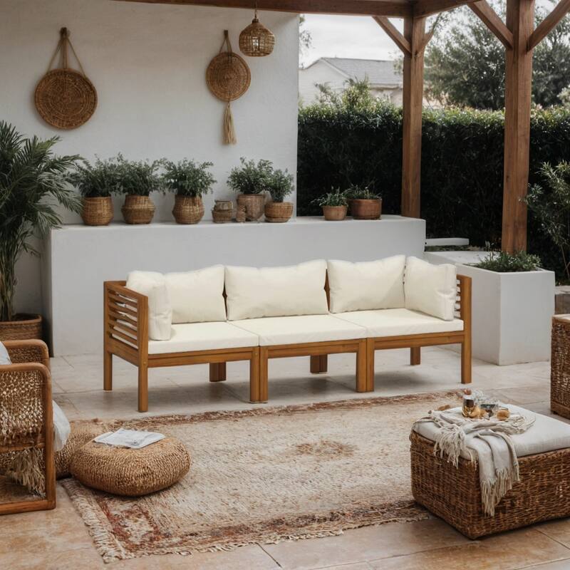 Lina 3pc Outdoor Modular Sofa Set, Brown Acacia Wood, Cream Polyester