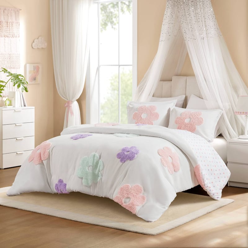 Intelligent Design Kids Madeline Floral Reversible Tufted Chenille Duvet Cover Set - White/Purple - Full - Queen