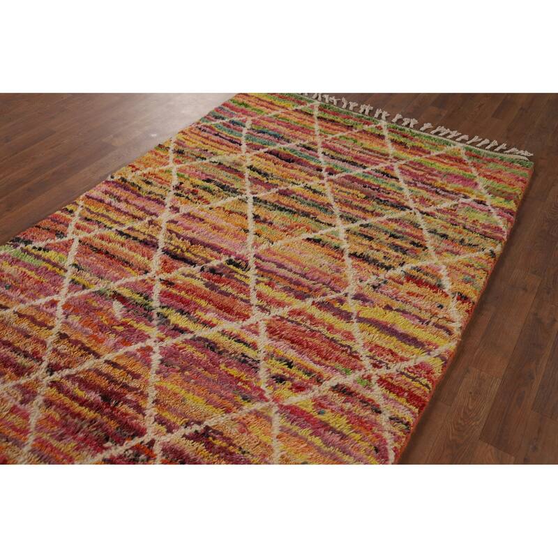 Hand Knotted Oriental 100% Wool Carpet Modern Geometric Multi-Colored Moroccan Area Rug - 6' 0'' X 4' 0''