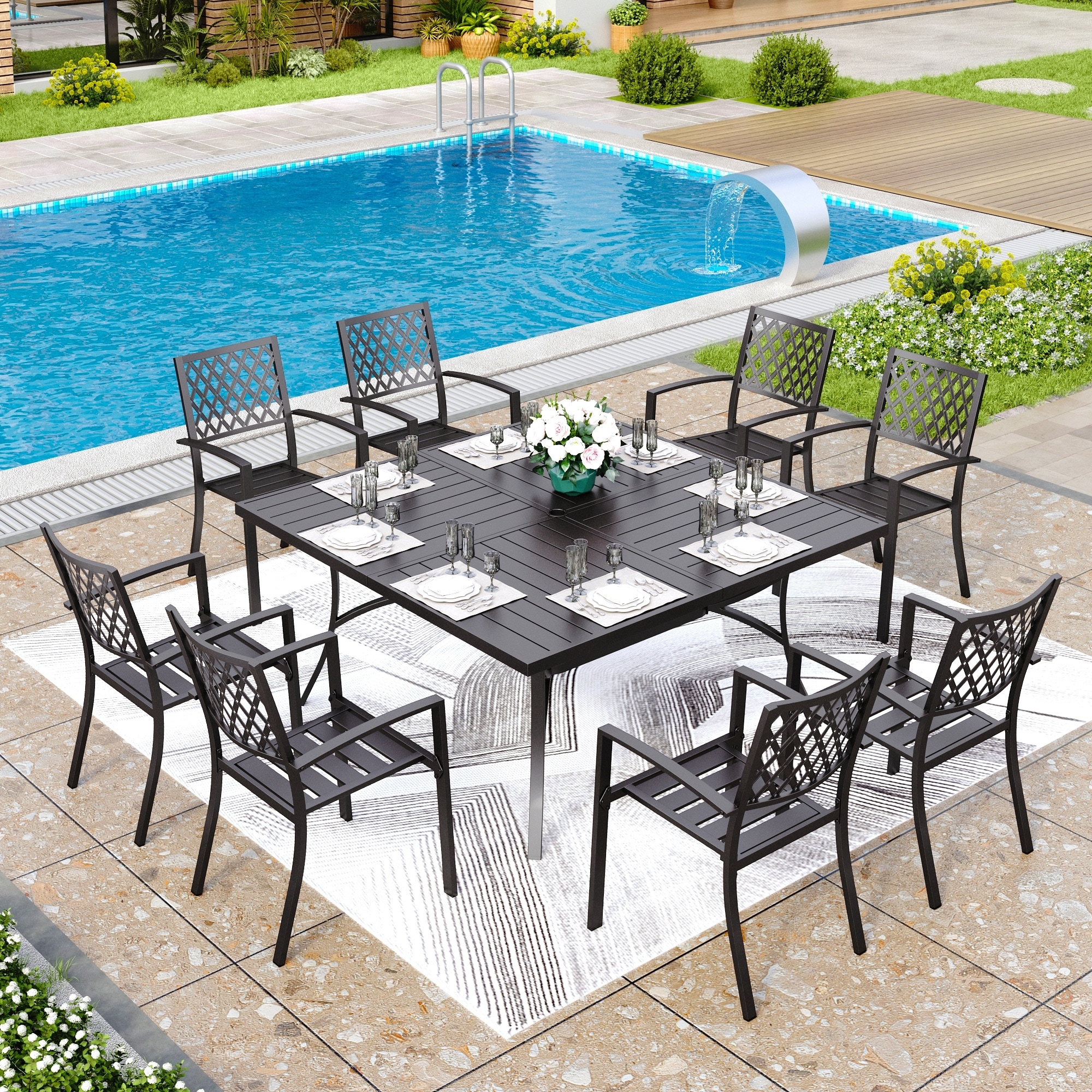 MAISON ARTS 9 Pieces Patio Dining Set, 60 Inch Square Metal Table and 8 Metal Dining Chairs