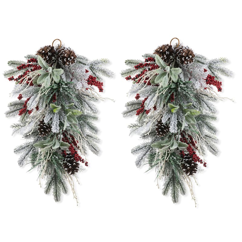 Glitzhome Christmas Berry Bow Pinecone Bell Holy Leaf Teardrop Swag Xmas Wreath - 2PK-D