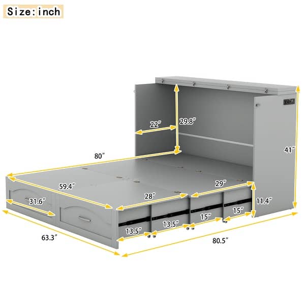 dimension image slide 1 of 4, Queen Size Murphy Bed Wall Bed w/ Drawer & Sockets & USB Ports