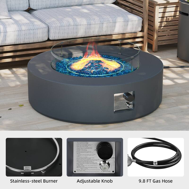 Patio Watcher 42in. Outdoor Round Magnesium Oxide Fire Pit Table with Gas Tank Cover and Wind Guard