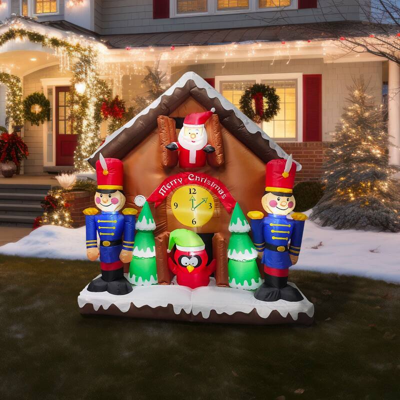Fraser Hill Farm 6-Ft. Tall Prelit Santa Nutcracker Cuckoo Clock Inflatable with Music
