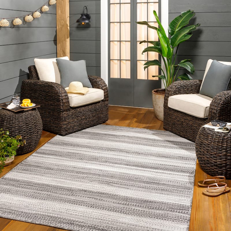 Livabliss Hampton Indoor/ Outdoor Ombre Striped Area Rug - 8'11" x 12' - Black/Grey