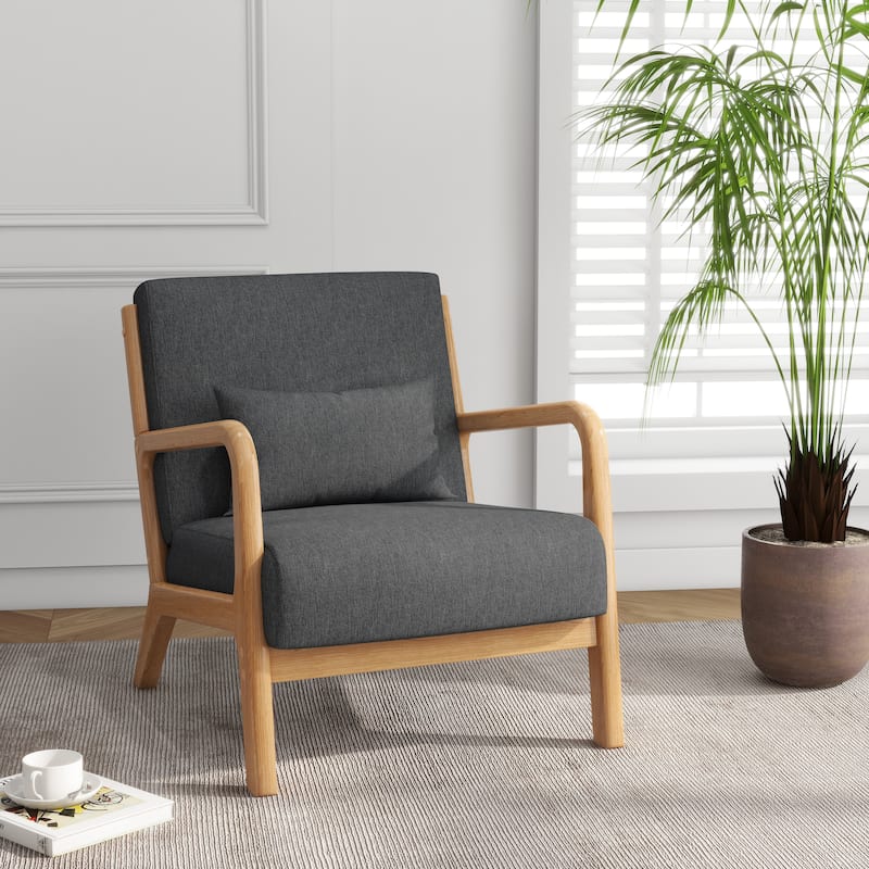 Mid Century Solid Wood Upholstered Accent Chair - DARK GRAY/Linen/NATURAL WOOD HIGH SIDE FRAME