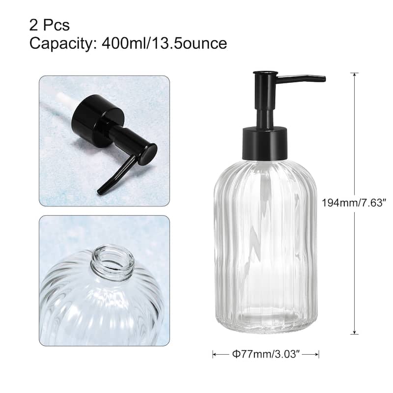 Soap Dispensers Set - 2 Pack 13.5Oz Glass Dish Hand Soap Dispenser with Black Pump for Kitchen Bathroom - Clear
