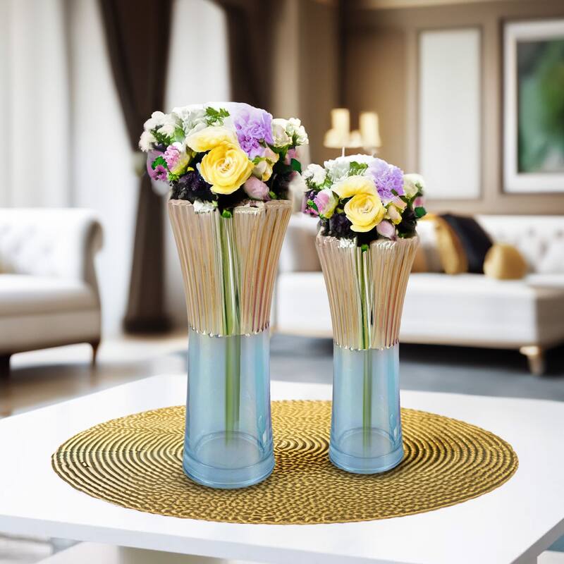 Two-Tone Blue and Gold Set of 2 Angular Modern Glass Tabletop Vases