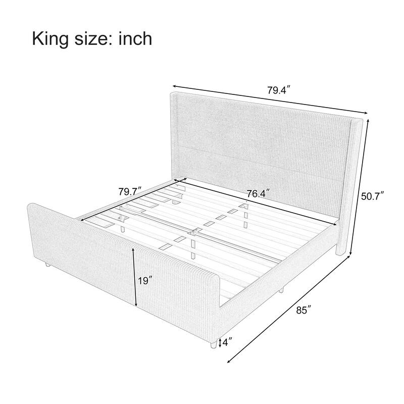 Queen/King Corduroy Bed Frame with 50.7'' Tall Headboard, Upholstered Platform Bed w/Vertical Stripe Wingback & High Footboard