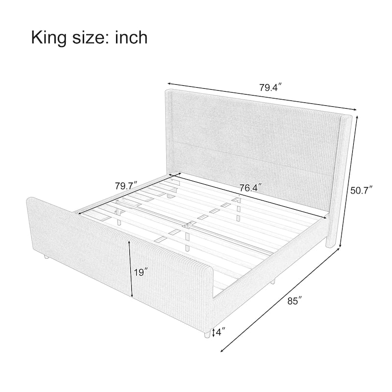 Roomfitters Queen/King Size Corduroy Upholstered Bed Frame with 50.7'' Wingback Headboard, Vertical Stripes and High Footboard