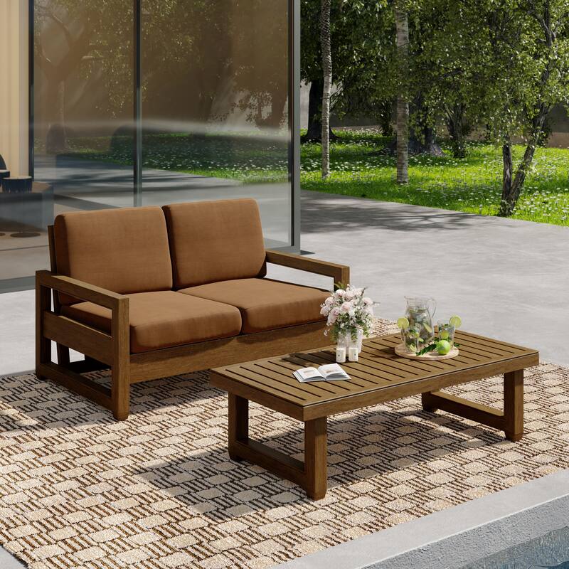 Outdoor Patio Loveseat Table Set Teak Wood with Cushion - Natural Wood - Light Brown