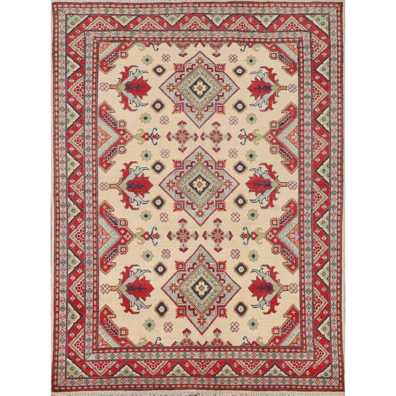 Beige Kazak Area Rug Handmade Oriental Wool Carpet - 4'9" x 6'7"