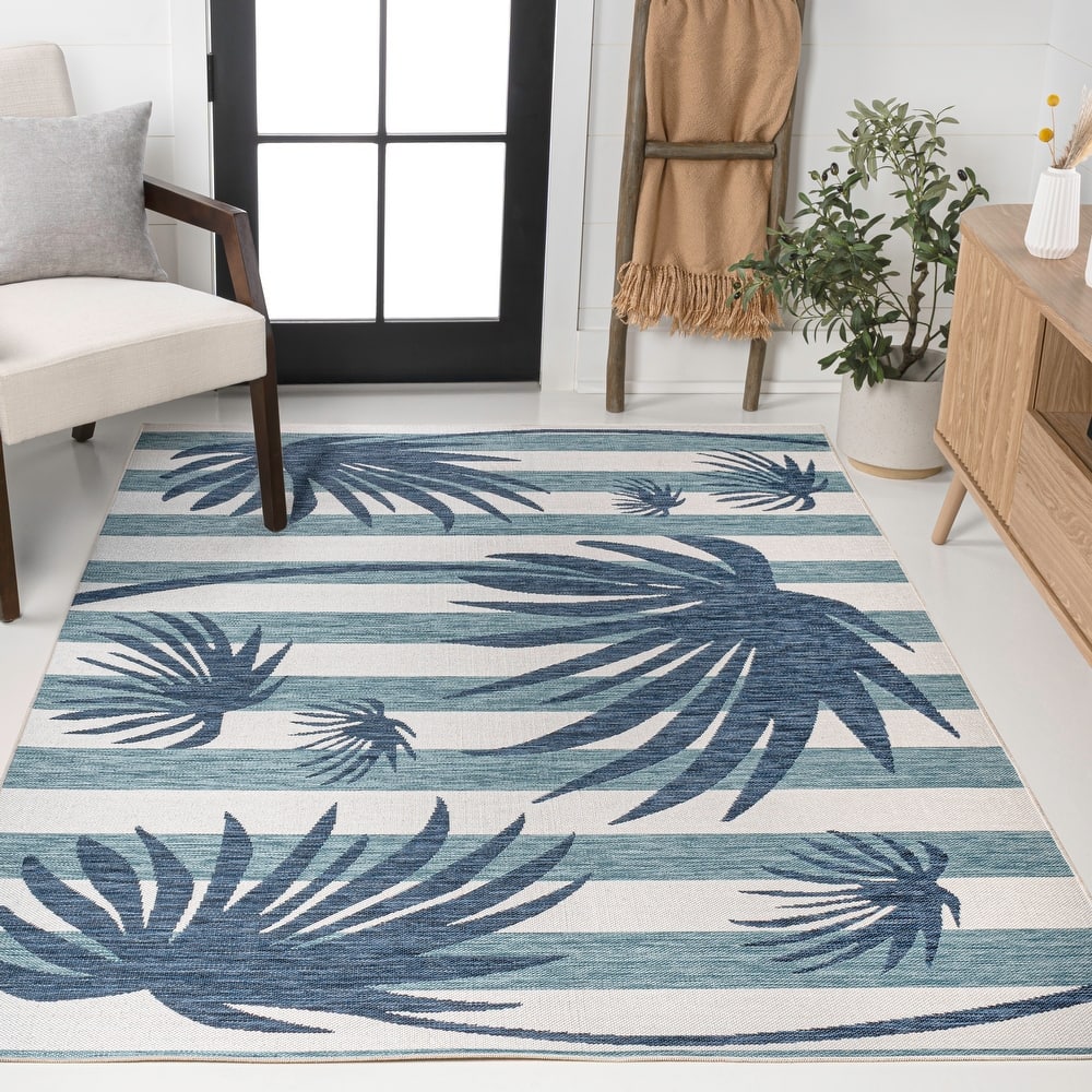 JONATHAN Y Veronica Classic Beach Stripe and Palm Leaf Indoor/Outdoor Area Rug