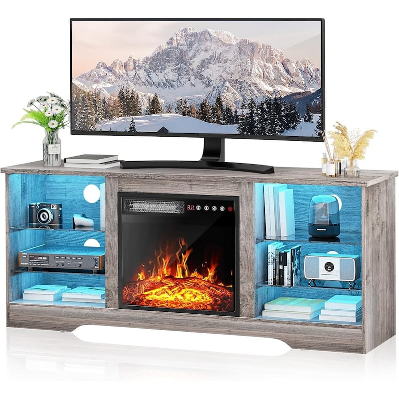 Bossin 58" Fireplace TV Stand with 18'' Electric Fireplace,Modern Entertainment Center for 65'' TVs,TV Cabinet - New-Grey