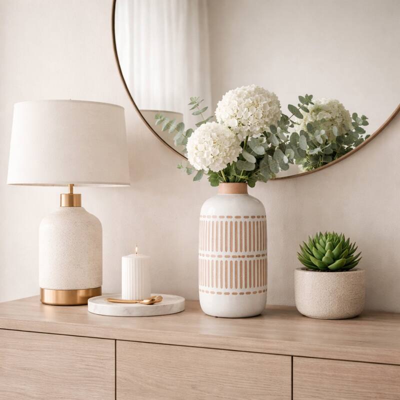 Ceramic Round Patterned Table Flower Vase - Ivory - Ivory/ Tan - 12.0"