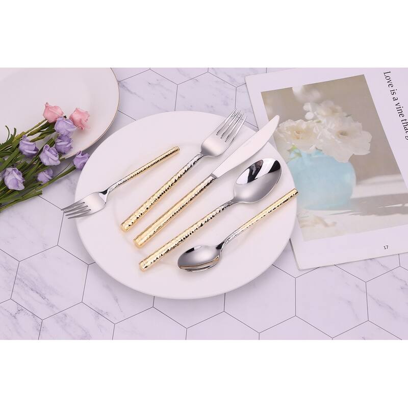 20 Pc Flatware Set Silver With Graduated Gold Pebbled Handles - Service For 4