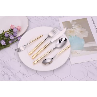 20 Pc Flatware Set Silver With Graduated Gold Pebbled Handles - Service For 4