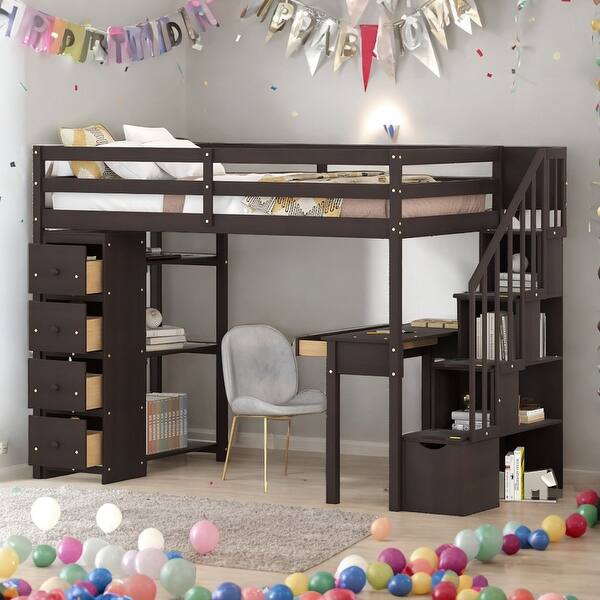 slide 2 of 19, Twin Size Wooden Loft Bed With 4 Storage Drawers,Desk,Shelves and Stairs Espresso