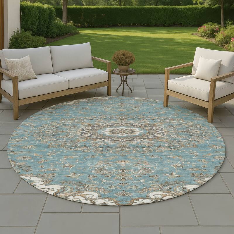 Machine Washable Indoor/ Outdoor Traditional Niko Chantille Rug - Teal - 8' x 8'