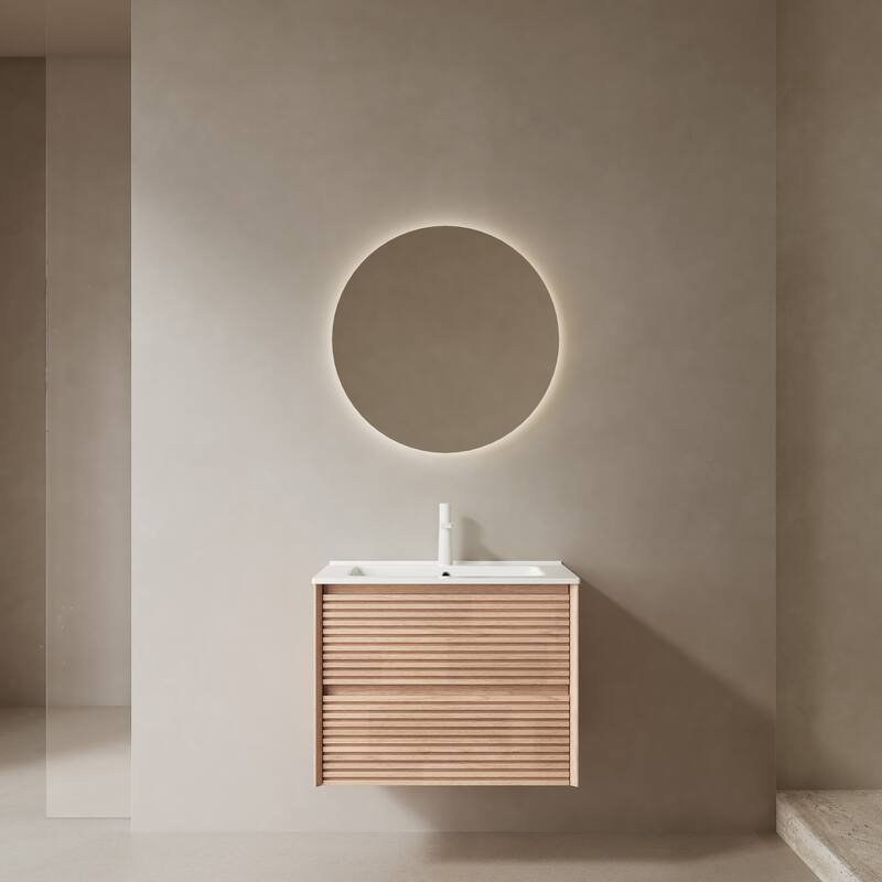 30" Bathroom Vanity with White Ceramic Sink, Natural Walnut Plywood Cabinet, 2 Spacious Drawers