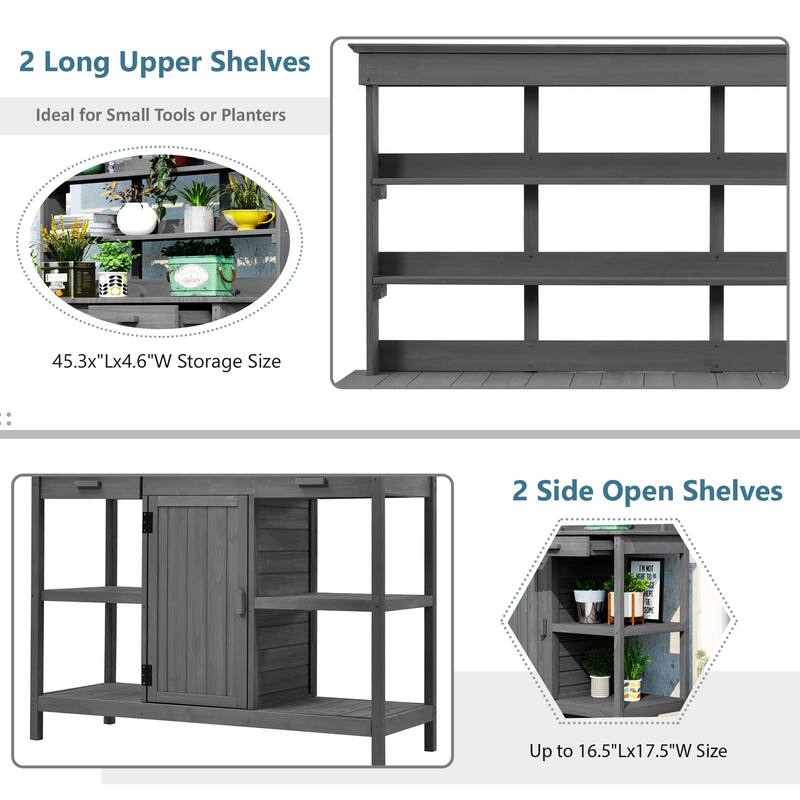 Outdoor Wooden Potting Bench Table, Garden Potting Bench with Cabinet, Patio Workstation with 4 Open Shelves and 2 Drawers