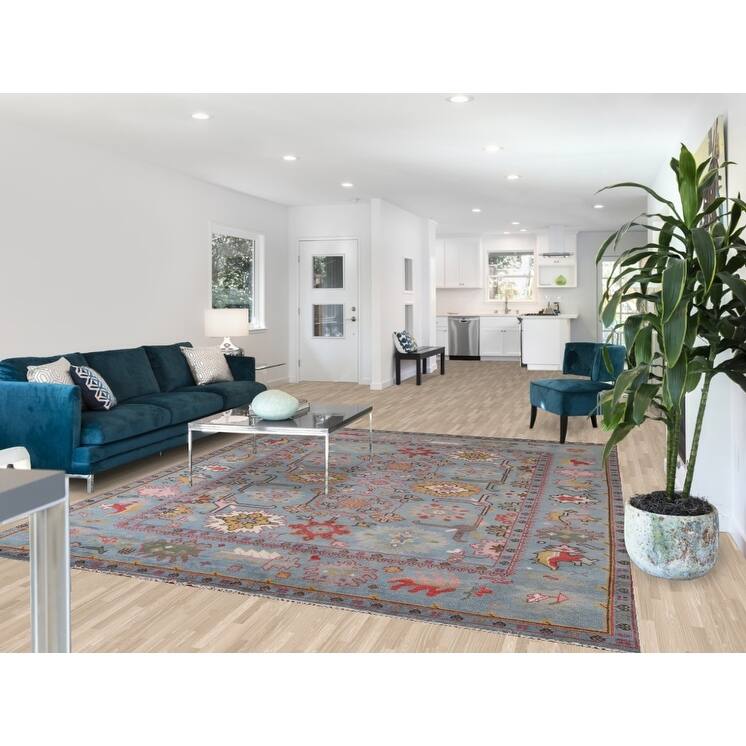 Transitional Blue Oushak Oriental Area Rug Handmade Floral Wool Carpet - 8'1"x 9'6"