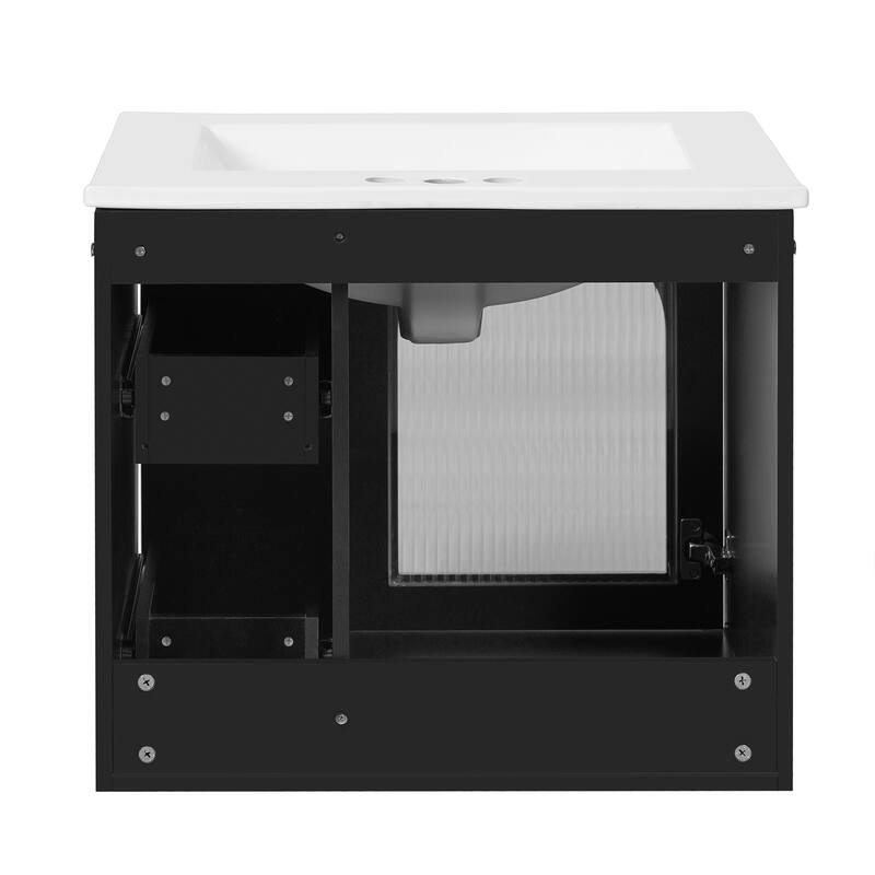 24" Wall Mounted Bathroom Vanity with Ceramic Sink, Floating Bathroom Storage Cabinet with Drawers & Glass Door