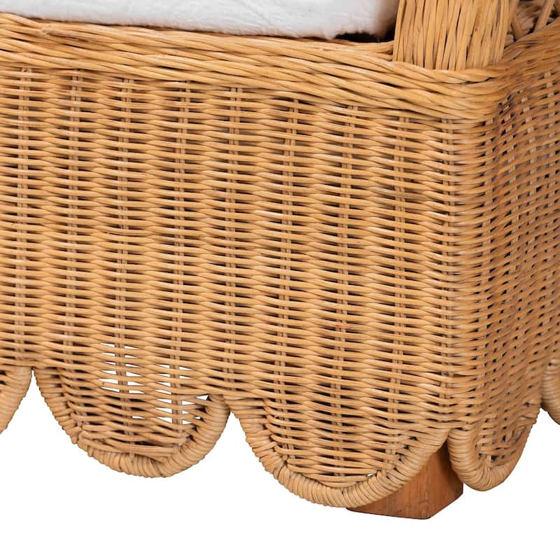 Teresa Natural Rattan Daybed - Handwoven Sofa Bed Frame with Scalloped Edge and Open Lattice Back, Coastal Boho Style, Twin