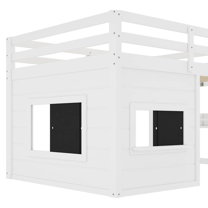 Roomfitters Low Loft Bed with Sliding Chalkboard and Bookshelf, House Frame Design