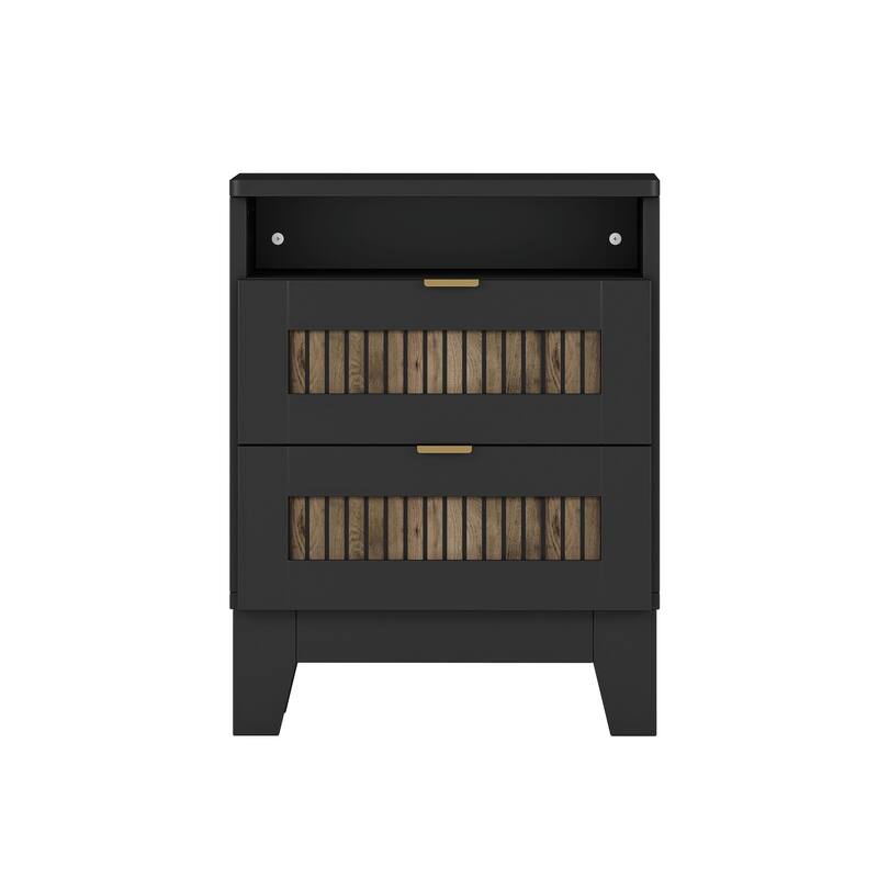 2-Drawer Farmhouse Wooden Nightstand with Wooden Strip Decoration and Metal Handle