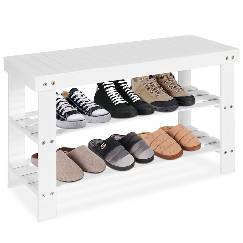 Costway Bamboo Shoe Rack Bench 3-Tier Storage Shelf Holder Home - White