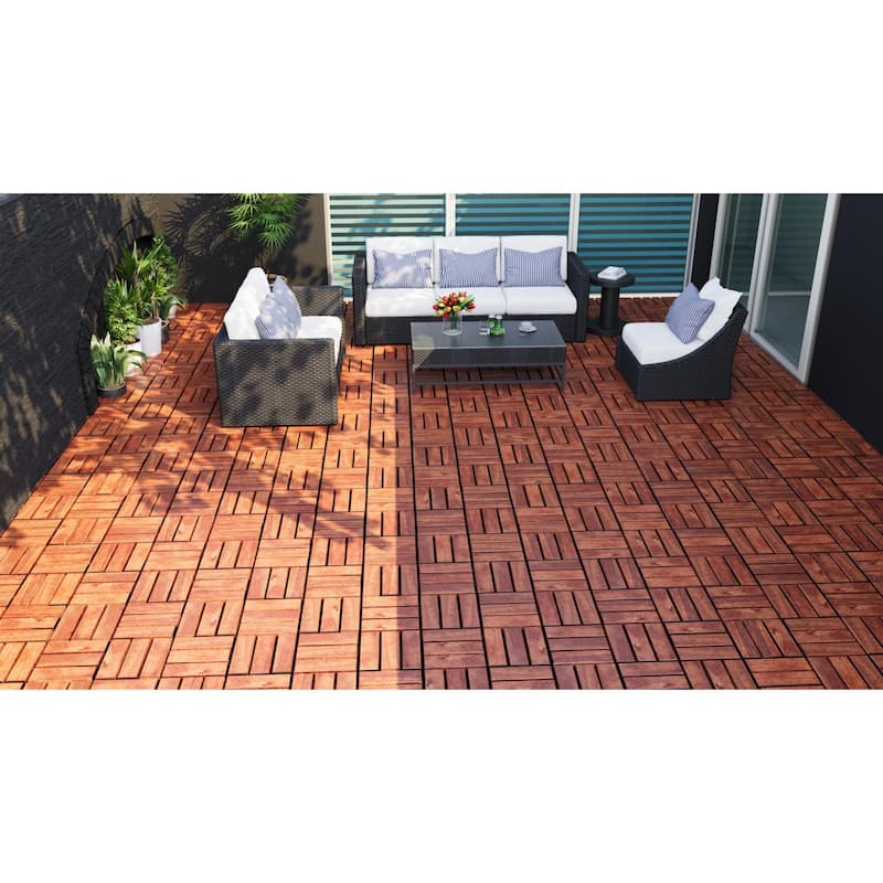 10 PCS Interlocking Deck Tiles Checker Pattern, 12" x 12" Square Acacia Hardwood Outdoor Flooring for Patio,Bancony,Pool Side