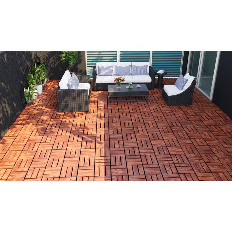 Acacia Wood Interlocking Deck Tiles Checker Pattern, 30 PCS 12" x 12" Square Acacia Hardwood Outdoor Flooring