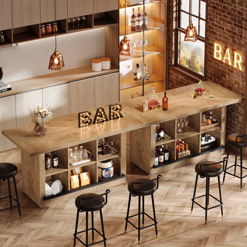 Counter Height Bar Table with Storage, Home Bar Cabinet Unit, Large Pub Table Kitchen Dining Room Accent Bar Console