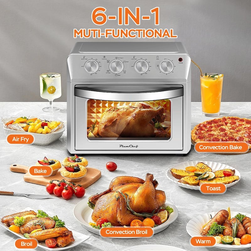 Plum Chef Air Fryer Oven 27.5QT, 6-in-1 Countertop Oven - Air Fry, Bake, Broil, Toast, Warm, Dehydrate, 4 Knob Control, 1600W