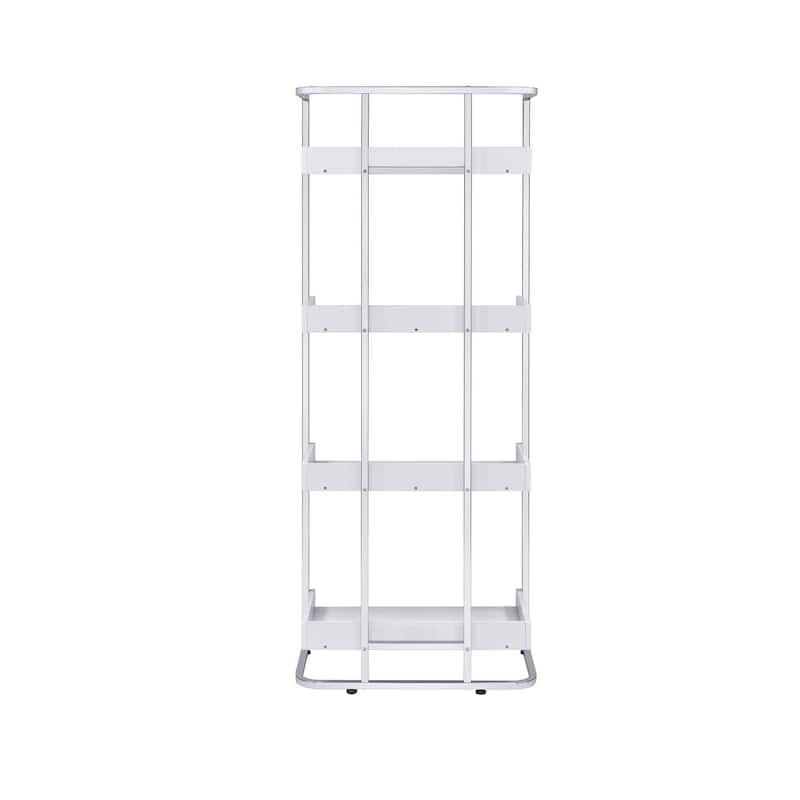 68 Inch Modern Bookcase, 4 Glossy White Tray Shelves, Chrome Steel Frame