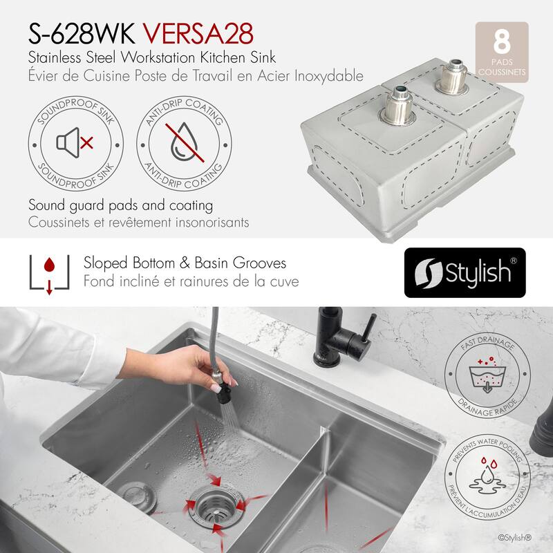 STYLISH 28 inches Workstation 60/40 Double Bowl Undermount 16 Gauge Stainless Steel Kitchen Sink with Accessories included