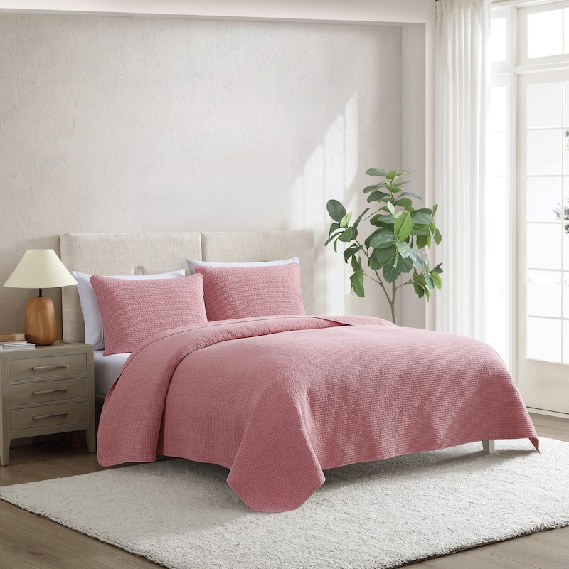 Nautica Seashore Stitch Solid Cotton Reversible Quilt Set - Pink - Twin