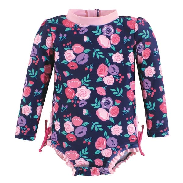 slide 1 of 1, Hudson Baby Girls Rashguard Baby Swimsuit, Navy Bright Pink Floral 12-18 Months - Navy Bright Pink Floral Baby