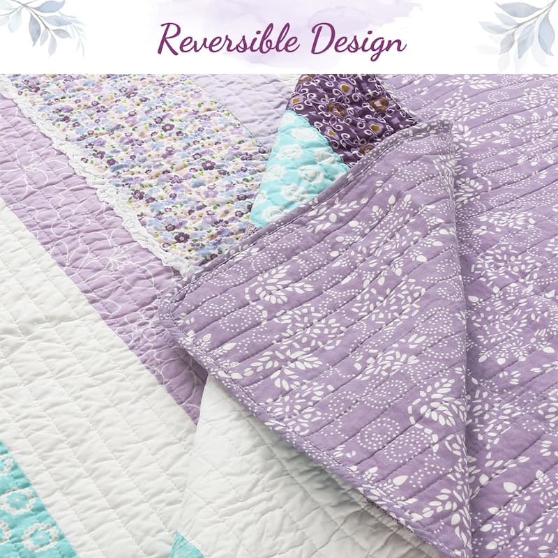 Cozy Line Purple Cosmos Spring Floral Stripe Garden Lavender Teal & White Ruffle Cotton Reversible Quilt Bedding Set
